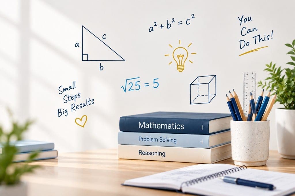 Maths tuition study desk with books, stationery and learning diagrams